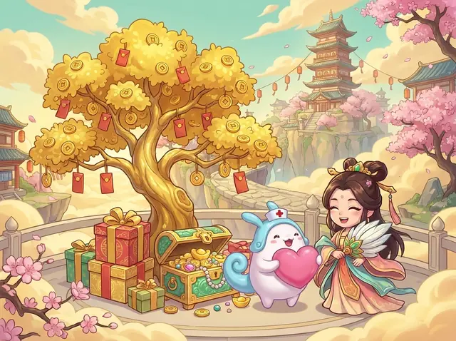 Cây tiền vàng treo bao lì xì, hộp quà và rương châu báu